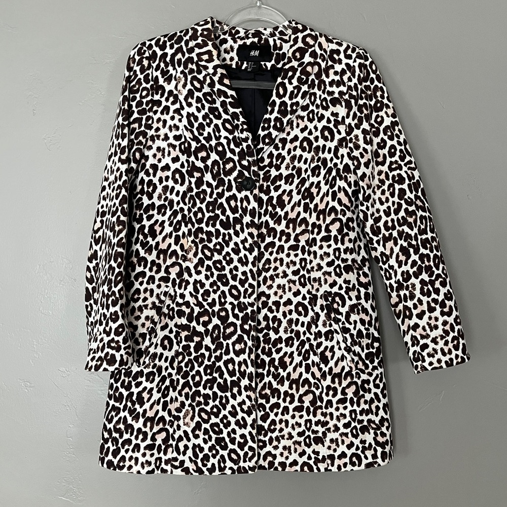 H&M Leopard Cheetah Animal Print Long Blazer Lined Jacket Fall Office Layering 6